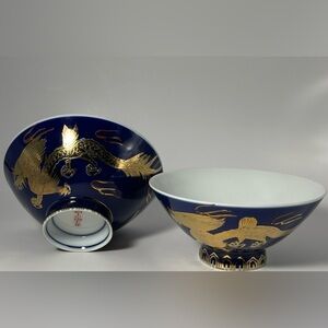 Set of two Japanese Porcelain Footed Bowls Blue Gold Dragon Phoenix Kutani Style